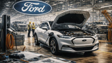 صورة توضيحية مولّدة بالذكاء الاصطناعي عن إعادة فورد حساباتها في سوق السيارات الكهربائية